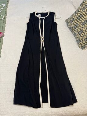VINTAGE JULIAN TAYLOR Black Sleeveless Long Vest Dress with Cream Trim